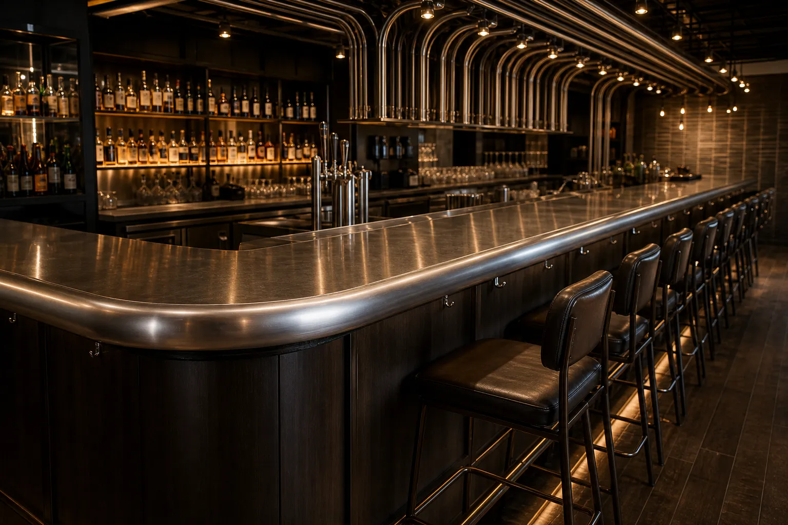 TIG-welded stainless bar top with bullnose edge by Low's Custom Stainless