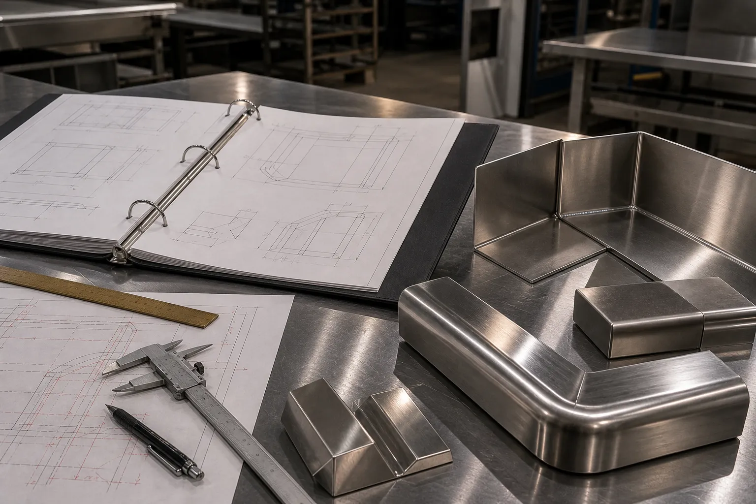 Formed stainless trim package laid out with drawings in the Low's shop