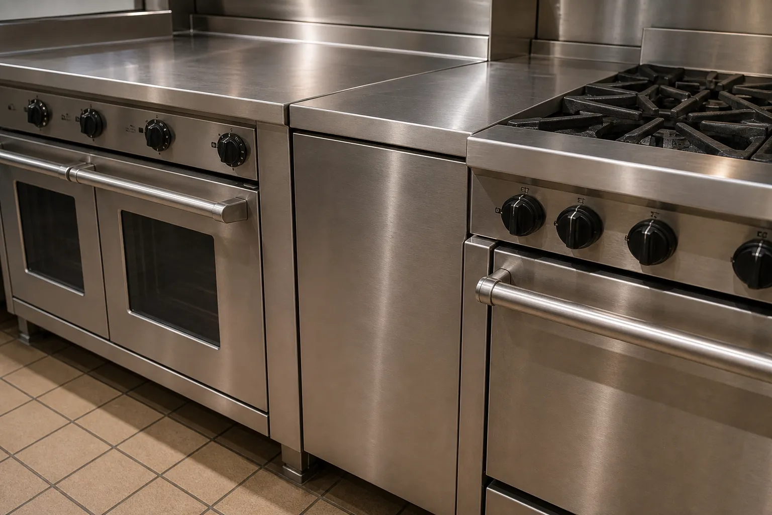 Commercial ranges under a stainless hood line